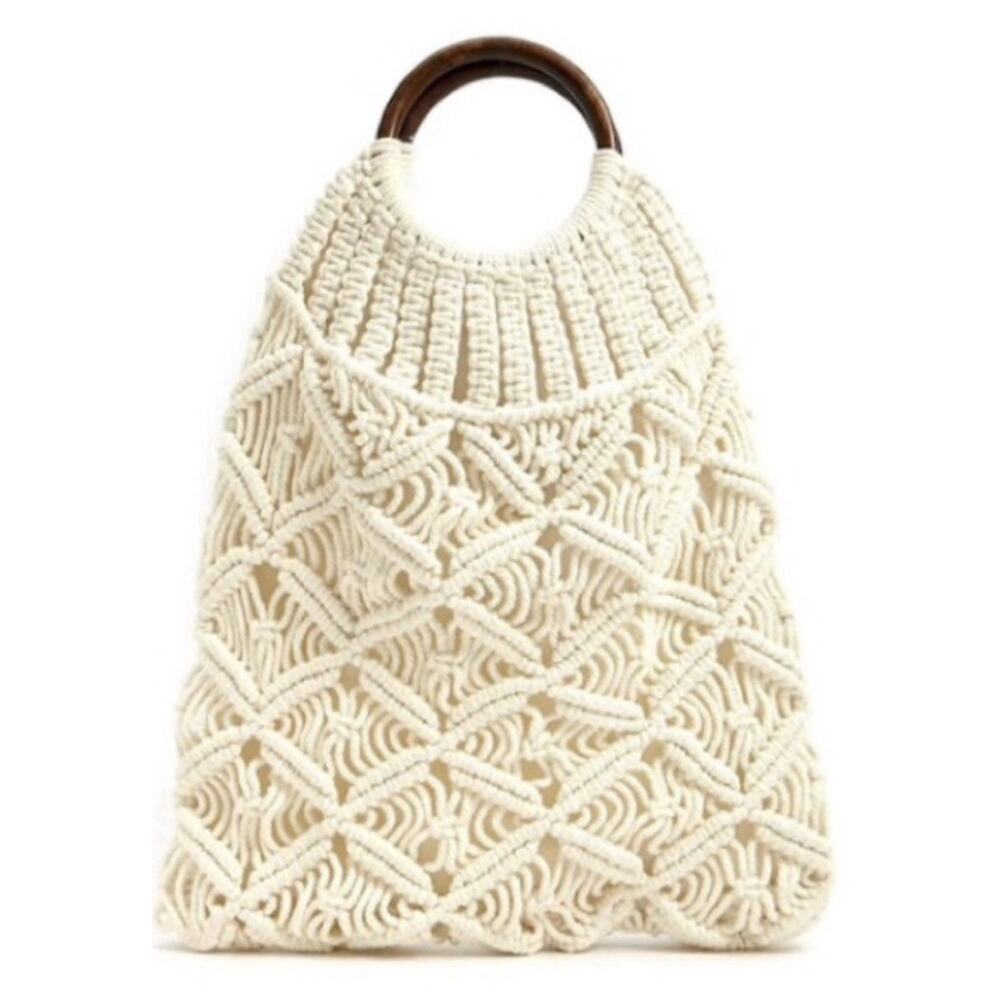 NWT Forever 21 Macrame Cream Tote Wooden Handle Boho Handbag Bag Made in India